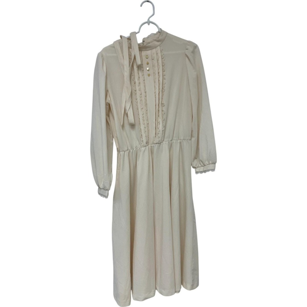 JC Penney Fashion Dress Womens Size Medium Ivory Ruffle Lace Pleated Long Sleeve - Picture 2 of 8